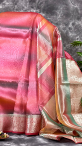 Pink Multicolor Line Patterned Tissue Silk Saree